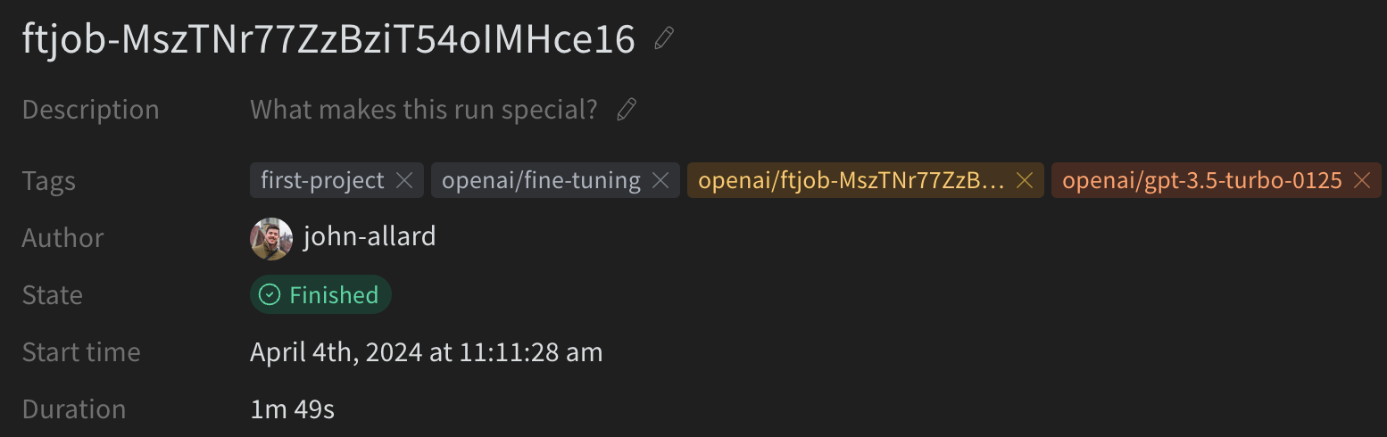 Example W&B run generated from an OpenAI fine-tuning job